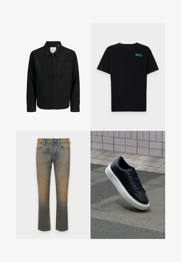 Juodas džemperis su užtrauktuku, apykakle ir vienu krūtiniu kišenėje, pristatytas baltame fone.; Juodas medvilninis marškinėliai trumpomis rankovėmis. Priekyje yra žalias „ROOTS“ logotipas, apvalus iškirpimas ir standartinė prigludimo forma.; Išblukę mėlyni džinsai su tiesiu kirpimu, turintys penkis kišenes, kontrastingus siūlus ir šiek tiek šviesesnį skalbimą ant žemyn.; Juodas odinis sportbačius su apvaliu pirštu ir baltu gumuotu padu. Turi plokščias raišteles ir minimalų siuvimą viršuje. Padangos tekstūra užtikrina sukibimą.