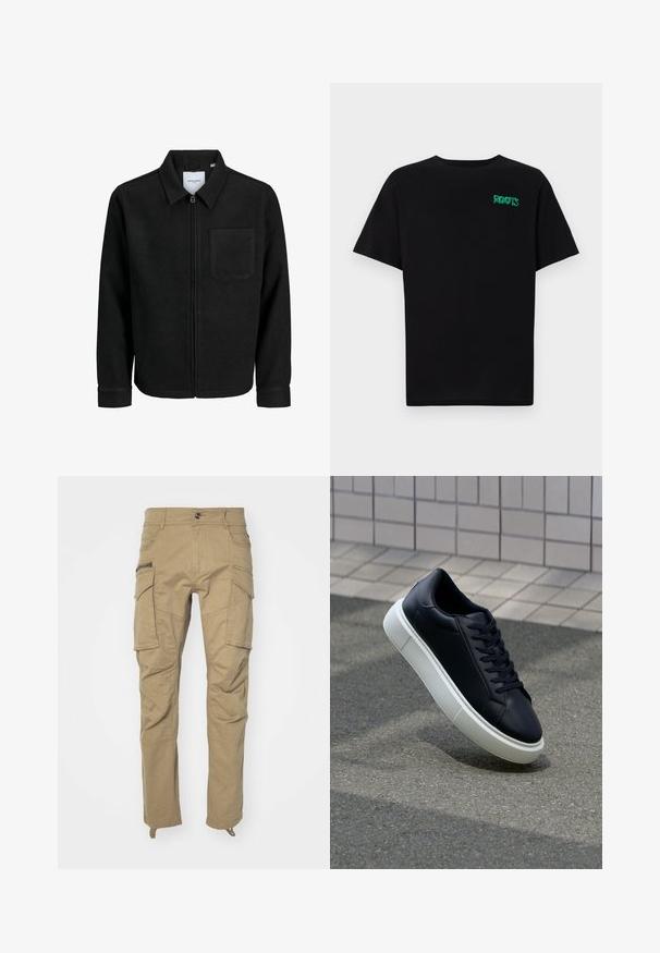 Crna jakna na zip s ovratnikom i jednim džepom na prsima, prikazana na bijeloj pozadini.; Crna majica kratkih rukava od pamuka. Na prednjem dijelu se nalazi zeleni "ROOTS" logo, okrugli izrez i standardni kroj.; Khaaki cargo hlače s više bočnih džepova, pojasom s gumbima, suženim nogavicama i mekim, izdržljivim materijalom. Ojačane šavove kroz cijeli proizvod.; Crne kožne tenisice s zaobljenim vrhom i bijelim gumiranim potplatom. Imaju ravne vezice i minimalno šivanje na gornjem dijelu. Teksturirani potplat za bolje prianjanje.