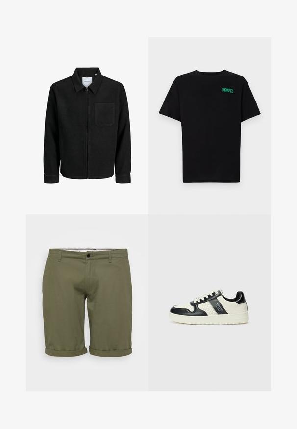 Crna jakna na zip s ovratnikom i jednim džepom na prsima, prikazana na bijeloj pozadini.; Crna majica kratkih rukava od pamuka. Na prednjem dijelu se nalazi zeleni "ROOTS" logo, okrugli izrez i standardni kroj.; Maslinasto zelene kratke hlače s glatkom teksturom, prevrnutim rubovima, dugmetom na prednjem dijelu pojasu i bočnim džepovima. Jednostavan, krojen dizajn za svakodnevno nošenje.; Kožne tenisice s crno-bijelom paletom boja, koje imaju perforirane akcentne detalje, podstavljeni ovratnik i teksturiranu potplat.