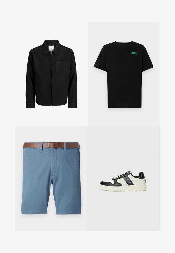 Fekete, zipzáros dzseki gallérral és egyetlen mellzsebbel, fehér háttéren.; Fekete, pamutból készült póló rövid ujjakkal. Elöl zöld "ROOTS" logóval, kerek nyakkivágással és normál szabással.; Kék pamut rövidnadrág barna bőr övvel, egyenes szabású, elülső zsebekkel és tiszta befejezéssel az alján.; Fekete és krém színű bőrsneaker, perforált díszítésekkel, párnázott bokapánttal és texturált talppal.