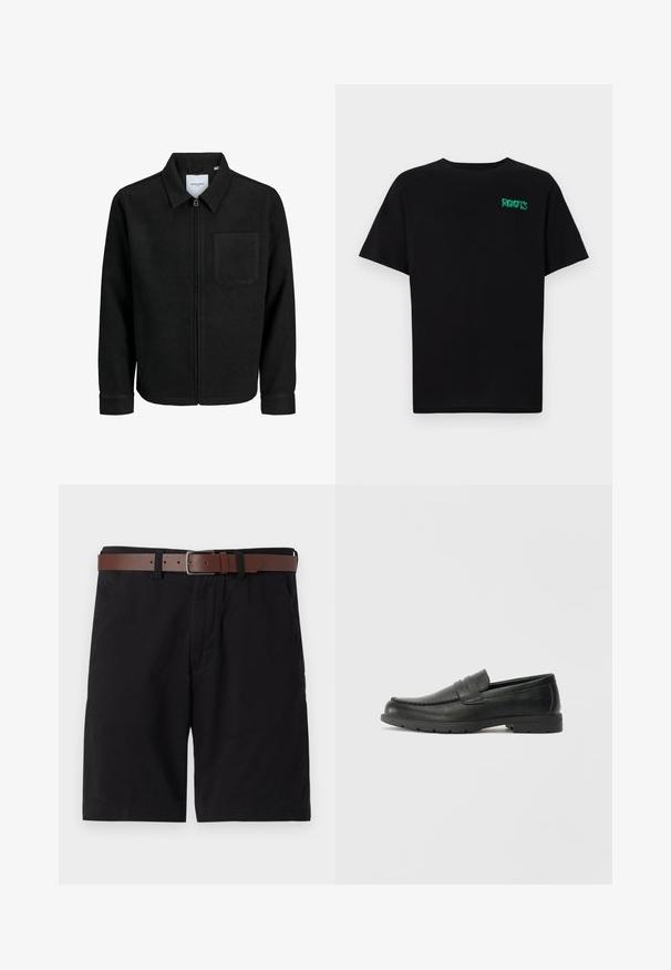 Mustaga lukuga jakker, millel on krae ja üks rinna-tasku, esitatud valgel taustal.; Must t-särk, mis on valmistatud puuvillast, lühikeste varrukatega. Esipaneelil on roheline "ROOTS" logo, ümmargune kaelus ja tavapärane lõige.; Mustad mustad lühikesed püksid, millel on pruuni nahast vöö. Disain sisaldab ees taskuid ja sirget lõiget, millel on lõpetatud ääred.; Musthave nahkkingad siledast nahast, mokassiini stiilis ülevalt, tikanditega ja kummist tallaga. Klassikaline disain madala kontsaga.