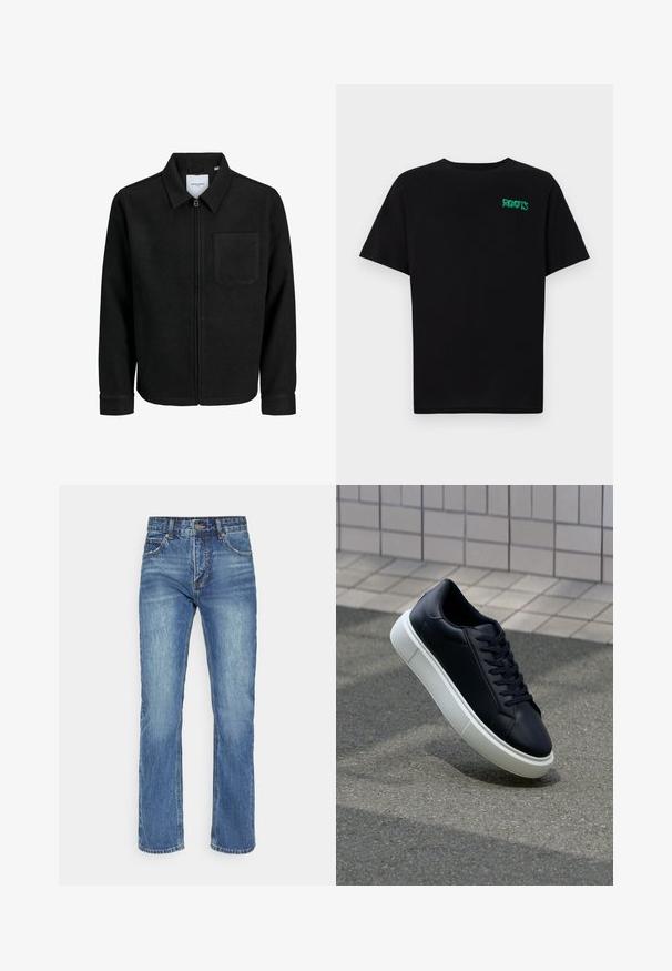 Musta vetoketjullinen takki, jossa on kaulus ja yksi rintatasku, esitelty valkoista taustaa vasten.; Mustat t-paidat, jotka on valmistettu puuvillasta ja joissa on lyhyet hihat. Edessä vihreä "ROOTS"-logo, pyöreä kaula-aukko ja normaali istuvuus.; Siniset farkut suoran lahkeen muotoilulla, joissa on vetskari, napin sulku ja viisi taskua, esittäen haalistunutta pesua.; Mustat nahkakengät, joissa on pyöristetty kärki ja valkoinen kumipohja. Varusteena litteät nauhat ja minimaalinen ommel ylhäällä. Teksturoitu pohja pitävyyden lisäämiseksi.