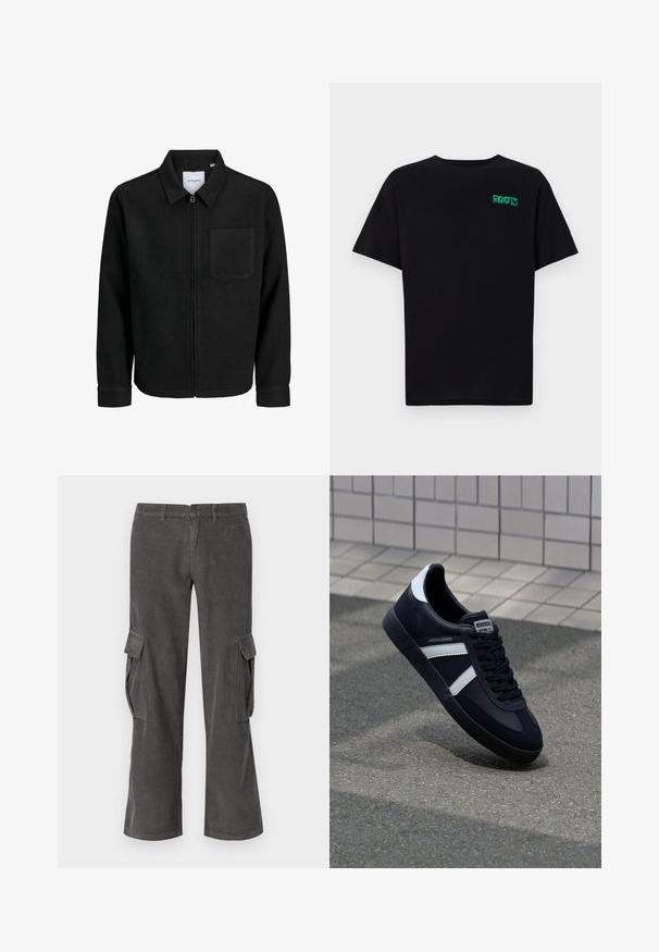 Czarna kurtka z zamkiem na całej długości, z kołnierzem i jedną kieszenią na piersi, umieszczona na białym tle.; Czarna koszulka z bawełny z krótkim rękawem. Posiada zielone logo "ROOTS" z przodu, okrągły dekolt i standardowy krój.; Szare spodnie cargosowe z korduroju z prostą nogawką, bocznymi kieszeniami i subtelną falistą fakturą. Zapięcie na guzik i zamek w talii.; Czarne skórzane sneakersy z białymi paskami, teksturowana gumowa podeszwa i sznurowane z przodu. Posiadają metkę marki na języku.