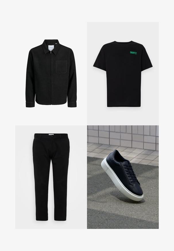 Juodas džemperis su užtrauktuku, apykakle ir vienu krūtiniu kišenėje, pristatytas baltame fone.; Juodas medvilninis marškinėliai trumpomis rankovėmis. Priekyje yra žalias „ROOTS“ logotipas, apvalus iškirpimas ir standartinė prigludimo forma.; Juodi siauri kaliošai, su lygiu priekiu, diržų kilpomis ir užtrauktuku su sagos uždarymu. Pagaminti iš lygaus, tvirto audinio.; Juodas odinis sportbačius su apvaliu pirštu ir baltu gumuotu padu. Turi plokščias raišteles ir minimalų siuvimą viršuje. Padangos tekstūra užtikrina sukibimą.