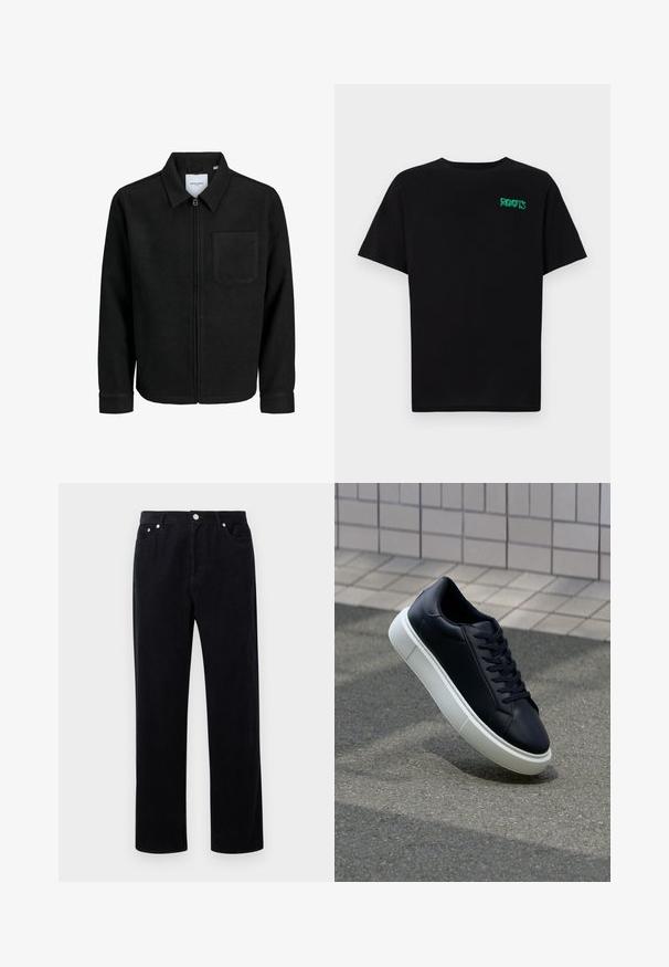 Veste zippée noire avec col et poche poitrine unique, présentée sur fond blanc.; T-shirt noir en coton à manches courtes. Présente un logo "ROOTS" vert sur le devant, un col rond et une coupe standard.; Pantalons en velours côtelé noir avec une coupe droite, dotés d'une fermeture à bouton et fermeture éclair, de cinq poches et d'un tissu doux et texturé.; Baskets noires en cuir avec bout arrondi et semelle en caoutchouc blanc. Elles présentent des lacets plats et une couture minimale sur la tige. Semelle texturée pour une bonne adhérence.