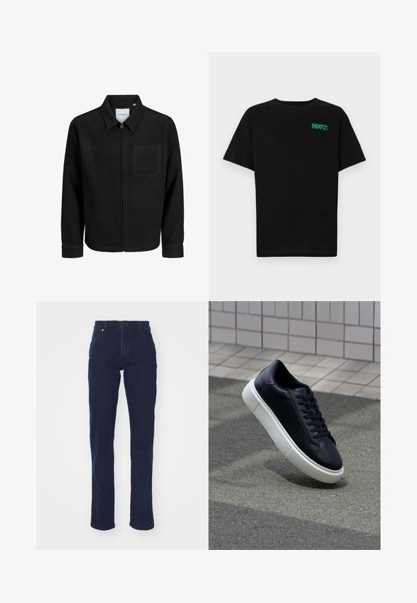 Chaqueta negra con cremallera y cuello, con un solo bolsillo en el pecho, expuesta sobre un fondo blanco.; Camiseta negra de algodón con mangas cortas. Presenta un logo verde "ROOTS" en el frente, escote redondo y corte estándar.; Vaqueros de mezclilla azul marino con corte recto, bolsillos frontales y cierre de botón. Presentan una textura suave y detalles de costura mínimos.; Zapatilla de cuero negro con punta redonda y suela de goma blanca. Presenta cordones planos y un mínimo de costuras en la parte superior. Suela texturizada para proporcionar agarre.