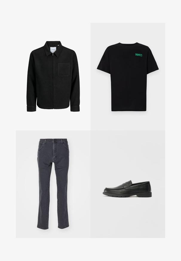 Giacca nera con zip, colletto e una tasca sul petto, mostrata su sfondo bianco.; T-shirt nera in cotone con maniche corte. Presenta un logo verde "ROOTS" sulla parte frontale, colletto rotondo e vestibilità standard.; Jeans grigi scuri realizzati in denim, con un design a gamba dritta, cinque tasche e una chiusura a bottone classica in vita.; Mocassini neri in pelle con una finitura liscia, parte superiore in stile mocassino, dettagli cuciti e suola in gomma. Design classico con tacco basso.