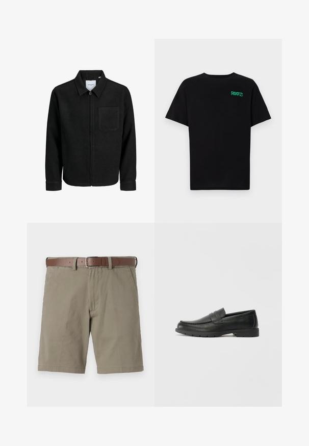 Giacca nera con zip, colletto e una tasca sul petto, mostrata su sfondo bianco.; T-shirt nera in cotone con maniche corte. Presenta un logo verde "ROOTS" sulla parte frontale, colletto rotondo e vestibilità standard.; Pantaloni corti beige con una vestibilità rilassata, realizzati in tessuto di cotone. Presentano una cintura in pelle marrone, tasche anteriori e un orlo rifinito in modo pulito.; Mocassini neri in pelle con una finitura liscia, parte superiore in stile mocassino, dettagli cuciti e suola in gomma. Design classico con tacco basso.