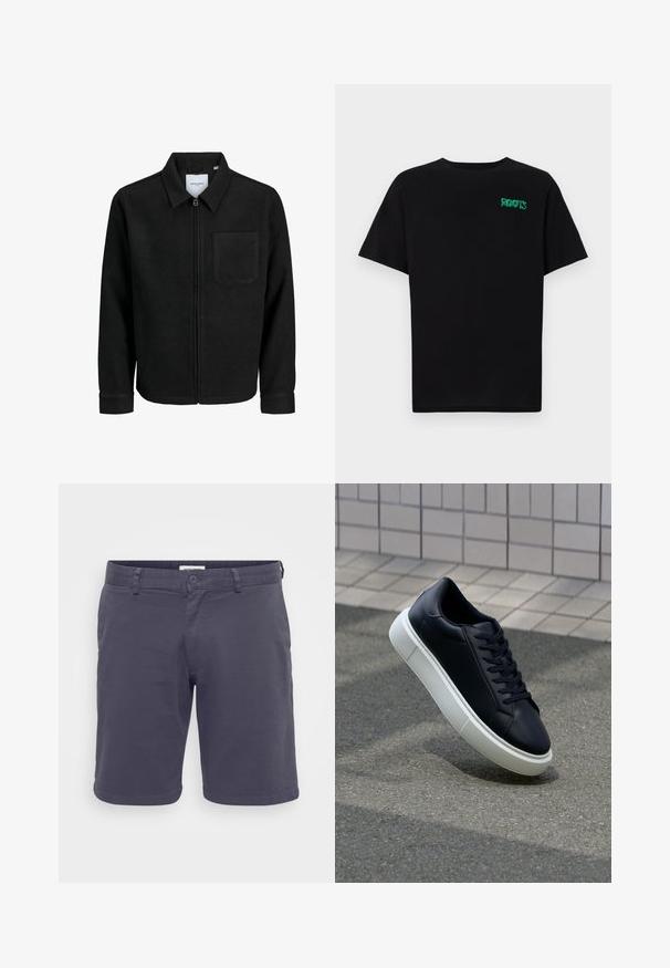 Fekete, zipzáros dzseki gallérral és egyetlen mellzsebbel, fehér háttéren.; Fekete, pamutból készült póló rövid ujjakkal. Elöl zöld "ROOTS" logóval, kerek nyakkivágással és normál szabással.; Férfi sötétszürke rövidnadrág könnyű anyagból, gombos záródással, övhurkokkal és mintázat nélküli, egyszerű dizájnnal.; Fekete bőr sportcipő lekerekített orral és fehér gumitalppal. Lapos fűzőkkel és minimális varrásokkal rendelkezik a felsőrészén. Mintás talp a tapadásért.