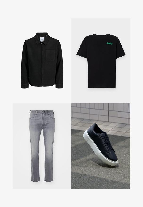 Melna jaka ar rāvējslēdzēju un apkakli, vienu krūšu kabatu, parādīta uz baltas fona.; Melna kokvilnas t-kreka ar īsām piedurknēm. Uz priekšu ir zaļa "ROOTS" logo, apaļa kakla izgriezums un standarta piegriezums.; Pelēkās džinsa bikses ir taisna kāju dizains, piecu kabatu stils un izbalējis apdare. Materiāls ir gluds ar nelielu stiepšanos.; Melnas ādas kedas ar noapaļotu pirkstu un baltu gumijas zoli. Iespējas - plakanas šņorītes un minimāla apdare augšdaļā. Struktūrēta zole, lai nodrošinātu saķeri.
