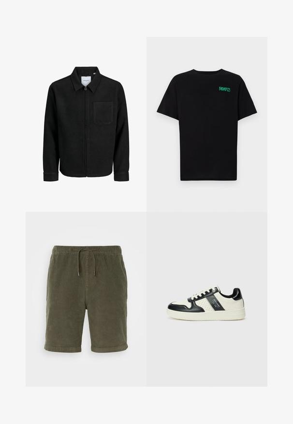 Schwarze Zip-Jacke mit Kragen und einer einzelnen Brusttasche, auf weißem Hintergrund präsentiert.; Schwarzes T-Shirt aus Baumwolle mit kurzen Ärmeln. Auf der Vorderseite befindet sich ein grünes "ROOTS"-Logo, es hat einen runden Halsauschnitt und eine normale Passform.; Olivgrüne Cordshorts mit elastischem Bund, verstellbarem Kordelzug und umgeschlagenen Säumen. Strukturierter Stoff mit weichem Finish.; Leder-Sneaker in Schwarz- und Cremetönen, mit perforierten Akzenten, einem gepolsterten Kragen und einer strukturierten Laufsohle.