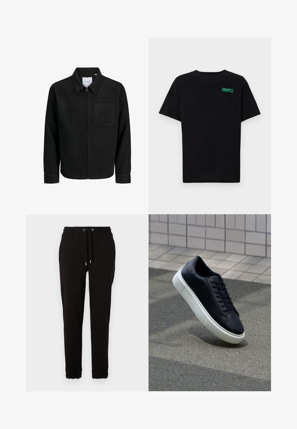 Black zip-up jacket with collar and single chest pocket, displayed on white background.; Black t-shirt made of cotton with short sleeves. Features a green "ROOTS" logo on the front, round neckline, and standard fit.; Black sweatpants made of soft fabric, featuring an elastic waistband with drawstrings, side pockets, and gathered cuffs at the ankles.; Black leather sneaker with rounded toe and white rubber sole. Features flat laces and minimal stitching on the upper. Textured sole for grip.