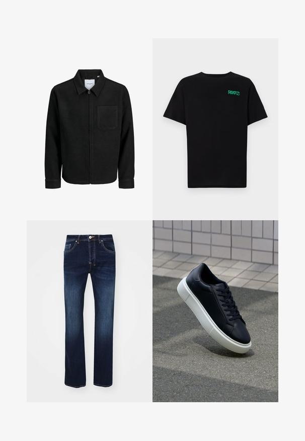 Juodas džemperis su užtrauktuku, apykakle ir vienu krūtiniu kišenėje, pristatytas baltame fone.; Juodas medvilninis marškinėliai trumpomis rankovėmis. Priekyje yra žalias „ROOTS“ logotipas, apvalus iškirpimas ir standartinė prigludimo forma.; Tamsiai mėlyni džinsiniai keliai su tiesiais kojų kirpimu, turintys užtrauktuką, penkias kišenes ir kontrastingus geltonus siuvimo akcentus.; Juodas odinis sportbačius su apvaliu pirštu ir baltu gumuotu padu. Turi plokščias raišteles ir minimalų siuvimą viršuje. Padangos tekstūra užtikrina sukibimą.