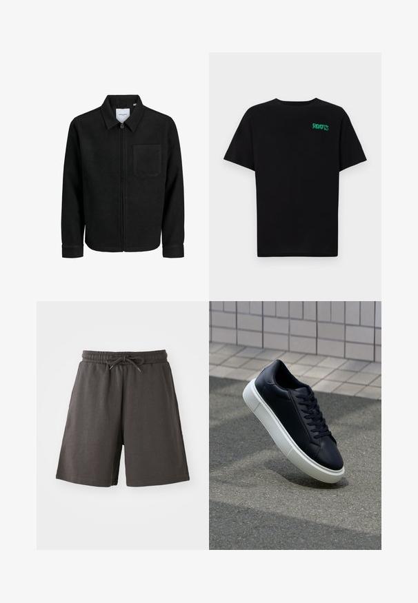 Veste zippée noire avec col et poche poitrine unique, présentée sur fond blanc.; T-shirt noir en coton à manches courtes. Présente un logo "ROOTS" vert sur le devant, un col rond et une coupe standard.; Shorts gris foncé en tissu doux, dotés d'une taille élastique, d'un cordon de serrage réglable et d'une coupe au niveau des genoux. Texture lisse, sans motifs.; Baskets noires en cuir avec bout arrondi et semelle en caoutchouc blanc. Elles présentent des lacets plats et une couture minimale sur la tige. Semelle texturée pour une bonne adhérence.