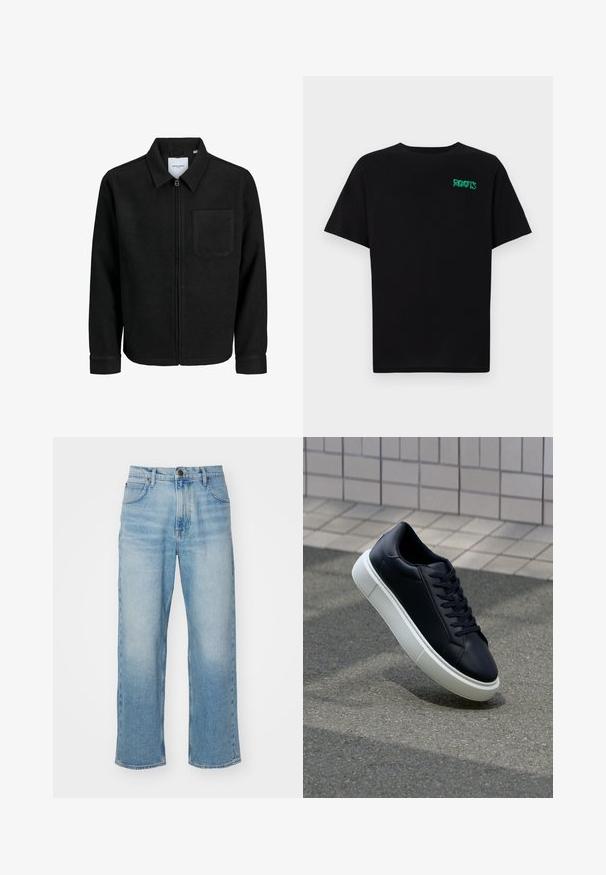 Mustaga lukuga jakker, millel on krae ja üks rinna-tasku, esitatud valgel taustal.; Must t-särk, mis on valmistatud puuvillast, lühikeste varrukatega. Esipaneelil on roheline "ROOTS" logo, ümmargune kaelus ja tavapärane lõige.; Heledad sinine sirge lõikega teksapüksid, millel on esikotid, vööaasad ja nupplukuga sulgemine.; Mustast nahast tennisetoss, millel on ümar nina ja valge kummist tall. Omab siredaid paelu ja minimaalset õmblemist ülemises osas. Tekstuuriga tald, mis tagab haakuvuse.