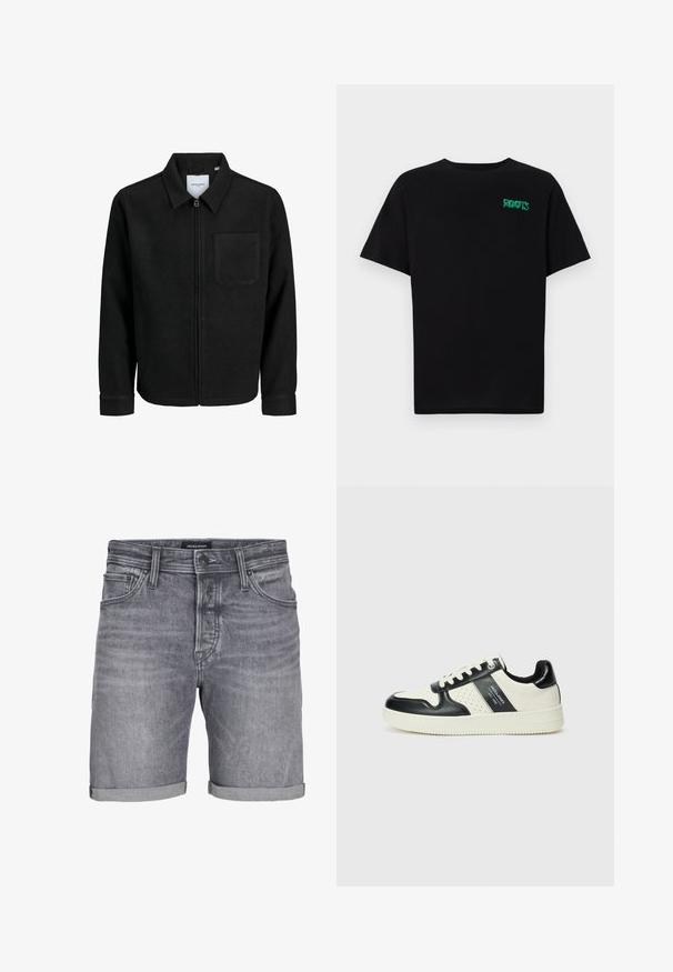 Crna jakna na zip s ovratnikom i jednim džepom na prsima, prikazana na bijeloj pozadini.; Crna majica kratkih rukava od pamuka. Na prednjem dijelu se nalazi zeleni "ROOTS" logo, okrugli izrez i standardni kroj.; Sivi traper šorts s blagim worn izgledom, sa skraćenim rubom, dizajnom s pet džepova i preklopom na dugme. Oznaka: JACK & JONES.; Kožne tenisice s crno-bijelom paletom boja, koje imaju perforirane akcentne detalje, podstavljeni ovratnik i teksturiranu potplat.