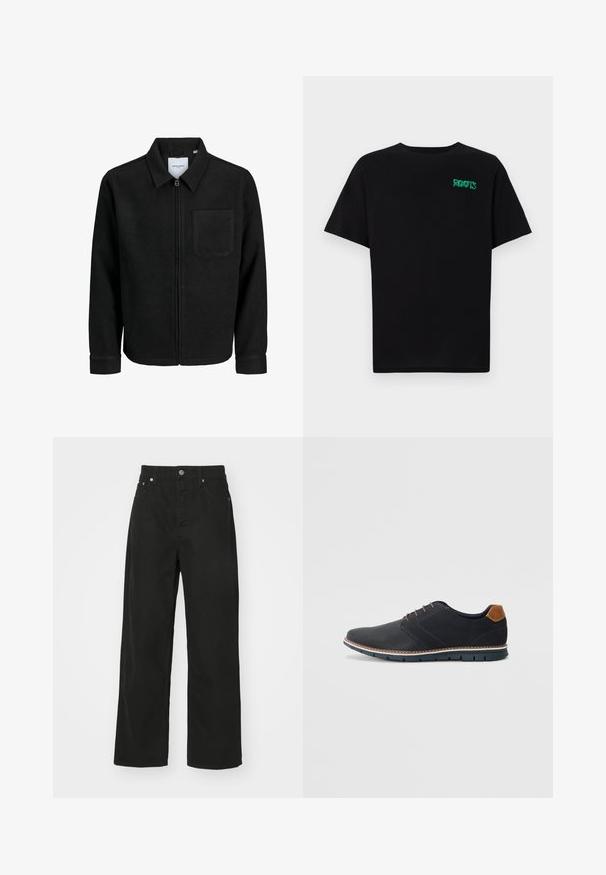 Schwarze Zip-Jacke mit Kragen und einer einzelnen Brusttasche, auf weißem Hintergrund präsentiert.; Schwarzes T-Shirt aus Baumwolle mit kurzen Ärmeln. Auf der Vorderseite befindet sich ein grünes "ROOTS"-Logo, es hat einen runden Halsauschnitt und eine normale Passform.; Schwarze Denim-Hosen mit geradem Bein, ausgestattet mit fünf Taschen, einem Knopfverschluss und einem klassischen Bund. Glatte Textur.; Schwarze synthetische Schuhe mit einer strukturierten Oberseite, glatten Akzenten, braunem Absatz und einer kontrastierenden Sohle. Verfügt über minimale Schnürung und Nähdetails.