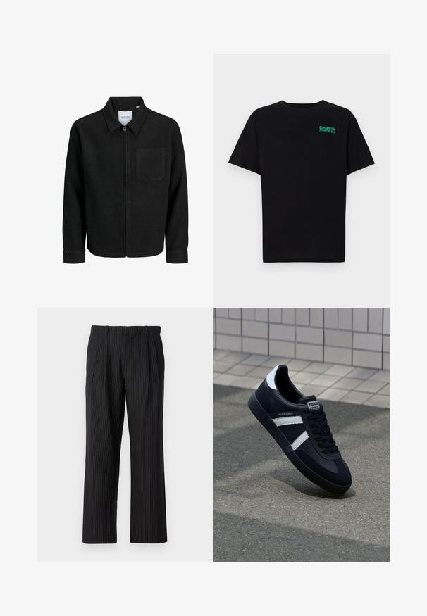 Zwarte zip-up jas met kraag en enkele borstzak, weergegeven op een witte achtergrond.; Zwarte T-shirt van katoen met korte mouwen. Heeft een groen "ROOTS" logo op de voorkant, een ronde halslijn en een standaard pasvorm.; Jack & Jones JPSTBILL JJDAYTONA WIDE - Broek - black; Zwarte leren sneaker met witte strepen, een gestructureerde rubberen zool en vetersluiting aan de voorkant. Voorzien van een merklabel op de tong.
