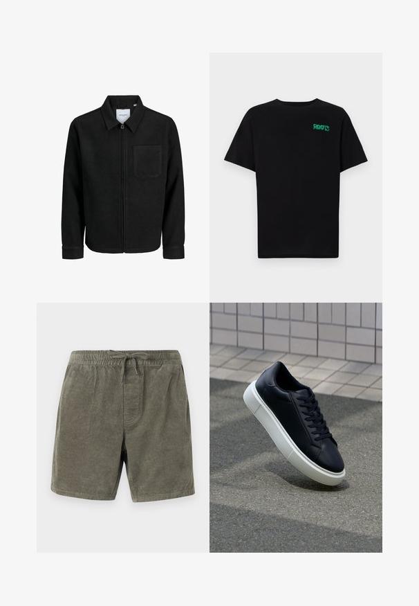 Veste zippée noire avec col et poche poitrine unique, présentée sur fond blanc.; T-shirt noir en coton à manches courtes. Présente un logo "ROOTS" vert sur le devant, un col rond et une coupe standard.; Shorts en velours côtelé de couleur vert olive, avec une taille élastique munie d'un cordon de serrage, des côtes verticales texturées et des poches latérales.; Baskets noires en cuir avec bout arrondi et semelle en caoutchouc blanc. Elles présentent des lacets plats et une couture minimale sur la tige. Semelle texturée pour une bonne adhérence.