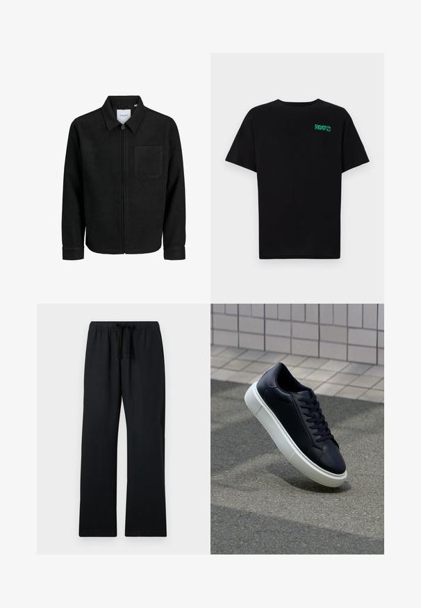 Giacca nera con zip, colletto e una tasca sul petto, mostrata su sfondo bianco.; T-shirt nera in cotone con maniche corte. Presenta un logo verde "ROOTS" sulla parte frontale, colletto rotondo e vestibilità standard.; Pantaloni neri, larghi, con vita elastica e cordino regolabile. Tessuto morbido, design a gamba dritta e senza motivi.; Sneaker in pelle nera con punta arrotondata e suola in gomma bianca. Presenta lacci piatti e cuciture minime sulla parte superiore. Suola testurizzata per una migliore aderenza.
