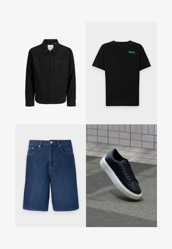 Giacca nera con zip, colletto e una tasca sul petto, mostrata su sfondo bianco.; T-shirt nera in cotone con maniche corte. Presenta un logo verde "ROOTS" sulla parte frontale, colletto rotondo e vestibilità standard.; Shorts in denim di un blu scuro con un taglio classico, dotati di design a cinque tasche e dettagli di cucitura a contrasto.; Sneaker in pelle nera con punta arrotondata e suola in gomma bianca. Presenta lacci piatti e cuciture minime sulla parte superiore. Suola testurizzata per una migliore aderenza.