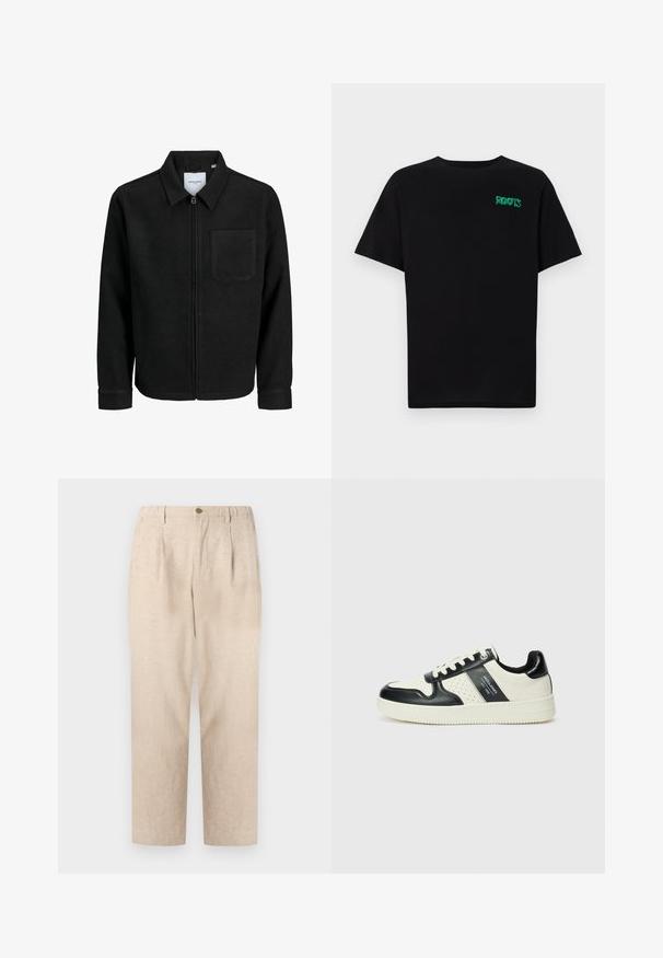 Černá zipová bunda s límečkem a jednou kapsou na hrudi, vystavená na bílém pozadí.; Černé tričko vyrobené z bavlny s krátkým rukávem. Na přední straně se nachází zelené logo "ROOTS", kulatý výstřih a standardní střih.; Béžové lněné kalhoty s sklady, elastickým pasem a jedním knoflíkem na zapínání. Rovný střih s texturovaným povrchem.; Kožené tenisky s černobílou barevnou kombinací, které mají perforované detaily, polstrovaný límec a texturovanou podrážku.