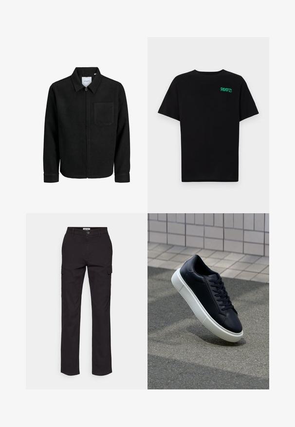 Črna jakna z zadrgo in ovratnikom ter enim žepom na prsih, prikazana na beli podlagi.; Črna majica iz bombaža z kratkimi rokavi. Na sprednji strani ima zeleno logotip "ROOTS", okroglo ovratnico in standardno prileganje.; Črne cargo hlače s ravnim krojem, ki imajo stranske žepe, gumbasto zapiranje in trpežno mešanico bombaža.; Črne usnjene superge z zaobljenim prstom in belim gumijastim podplat. Imajo ravne vezalke in minimalno šivanje na zgornjem delu. Teksturirani podplat za oprijem.