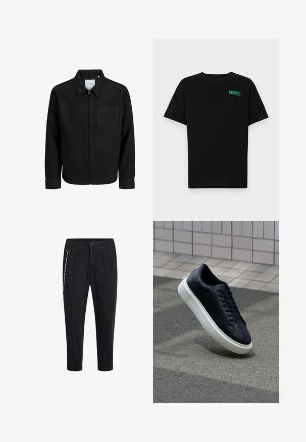 Czarna kurtka z zamkiem na całej długości, z kołnierzem i jedną kieszenią na piersi, umieszczona na białym tle.; Czarna koszulka z bawełny z krótkim rękawem. Posiada zielone logo "ROOTS" z przodu, okrągły dekolt i standardowy krój.; Czarne spodnie z elastycznym pasem, z przodu z plisami i srebrnym łańcuszkiem akcentującym po lewej stronie. Tkanina z mieszanki bawełny.; Czarne skórzane sneakersy z okrągłym noskiem i białą gumową podeszwą. Posiadają płaskie sznurowadła i minimalne przeszycia na cholewce. Teksturowana podeszwa zapewnia przyczepność.