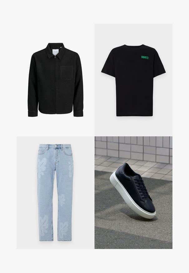 Černá zipová bunda s límečkem a jednou kapsou na hrudi, vystavená na bílém pozadí.; Černé tričko vyrobené z bavlny s krátkým rukávem. Na přední straně se nachází zelené logo "ROOTS", kulatý výstřih a standardní střih.; Světle modré džíny z denimu se květinovými vzory a rovnými nohavicemi. Standardní pas se zapínáním na knoflík a pěti kapsami.; Černé kožené tenisky s kulatou špičkou a bílou gumovou podrážkou. mají ploché tkaničky a minimální šití na svršku. Texturovaná podrážka pro lepší přilnavost.