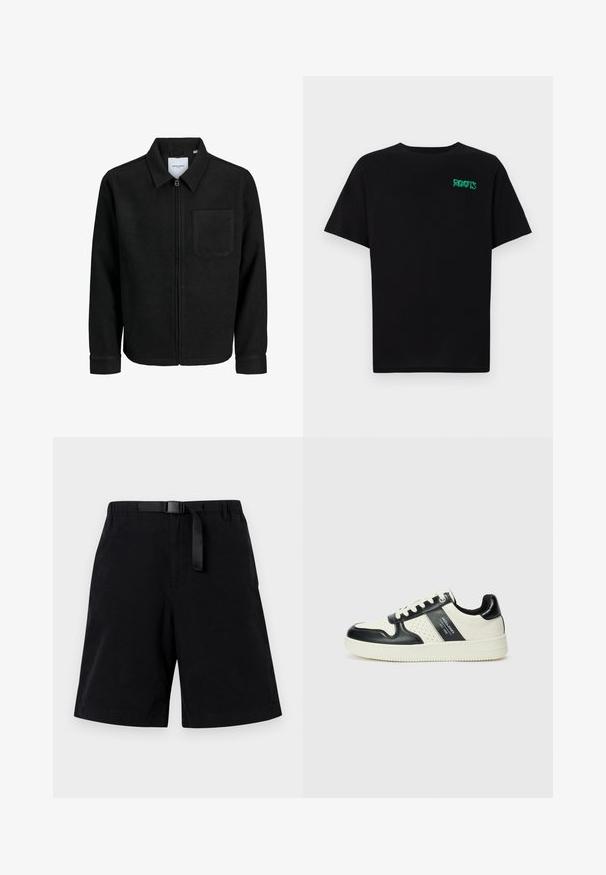 Veste zippée noire avec col et poche poitrine unique, présentée sur fond blanc.; T-shirt noir en coton à manches courtes. Présente un logo "ROOTS" vert sur le devant, un col rond et une coupe standard.; Shorts noirs en tissu lisse, dotés d'une ceinture noire et d'une poche frontale. Conception droite avec un bas ourlé.; Baskets en cuir avec un schéma de couleurs noir et crème, dotées d'accents perforés, d'un col rembourré et d'une semelle texturée.