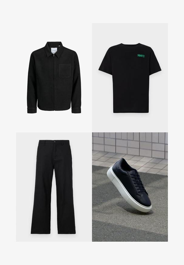 Giacca nera con zip, colletto e una tasca sul petto, mostrata su sfondo bianco.; T-shirt nera in cotone con maniche corte. Presenta un logo verde "ROOTS" sulla parte frontale, colletto rotondo e vestibilità standard.; Pantaloni neri a gamba dritta realizzati in cotone, con chiusura a bottone e passanti per cintura. Tessuto liscio senza motivi o accenti visibili.; Sneaker in pelle nera con punta arrotondata e suola in gomma bianca. Presenta lacci piatti e cuciture minime sulla parte superiore. Suola testurizzata per una migliore aderenza.