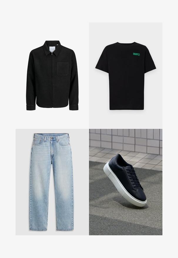 Juodas džemperis su užtrauktuku, apykakle ir vienu krūtiniu kišenėje, pristatytas baltame fone.; Juodas medvilninis marškinėliai trumpomis rankovėmis. Priekyje yra žalias „ROOTS“ logotipas, apvalus iškirpimas ir standartinė prigludimo forma.; Šviesiai mėlynos tiesios kojų džinsai su penkiomis kišenėmis, metalinėmis sagomis ir blukimo detalėmis šlaunyse bei keliuose, išdėstyti ant baltos fono.; Juodas odinis sportbačius su apvaliu pirštu ir baltu gumuotu padu. Turi plokščias raišteles ir minimalų siuvimą viršuje. Padangos tekstūra užtikrina sukibimą.