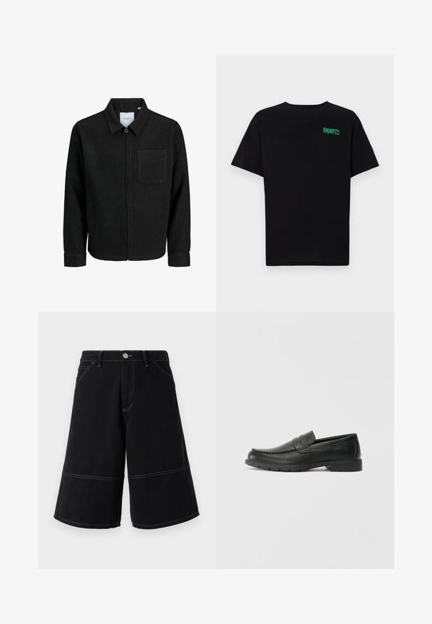 Fekete, zipzáros dzseki gallérral és egyetlen mellzsebbel, fehér háttéren.; Fekete, pamutból készült póló rövid ujjakkal. Elöl zöld "ROOTS" logóval, kerek nyakkivágással és normál szabással.; Fekete farmer rövidnadrág széles lábakkal, kontrasztos sárga varrásokkal és elülső zsebekkel. Az anyag sima, tartós textúrájú.; Fekete bőr mokaszinok sima felülettel, a mokaszin stílusú felsőrésszel, varrott részletezéssel és gumitalppal. Klasszikus dizájn alacsony sarokkal.