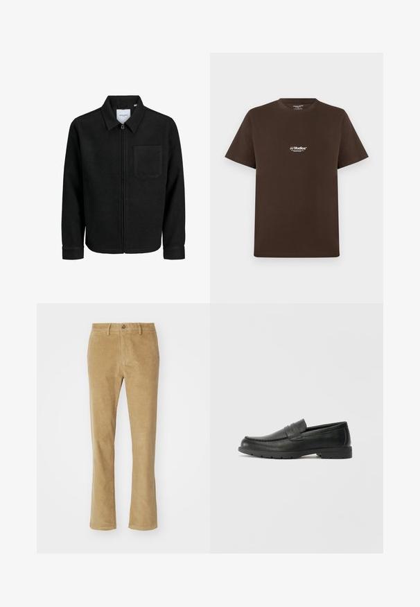 Jachetă neagră cu fermoar, cu guler și un singur buzunar pe piept, expusă pe fundal alb.; Tricou din bumbac maro cu mâneci scurte, decolteu rotund și un mic logo alb pe piept. Textură netedă și croială obișnuită.; DOCKERS SMART FLEX MOTION SLIM - Pantaloni chino - harvest gold corduroy; Labeled cu oglindă din piele neagră cu un finisaj neted, partea superioară în stil mocasin, detalii cusute și o talpă din cauciuc. Design clasic cu un toc jos.