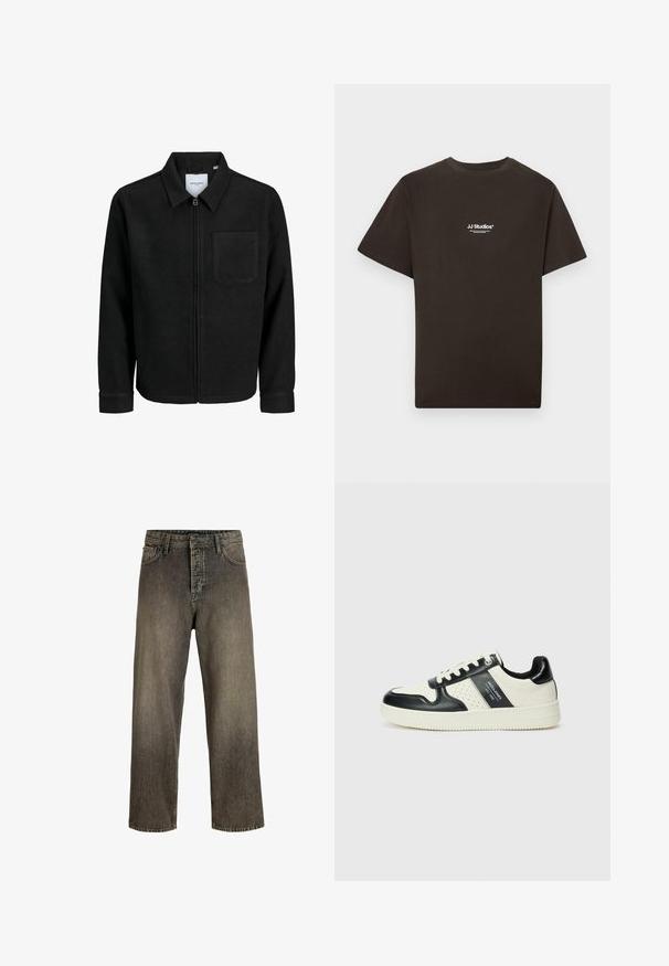 Černá zipová bunda s límečkem a jednou kapsou na hrudi, vystavená na bílém pozadí.; Jack & Jones JJESOHO TEE CREW NECK - Jednoduché tričko - dark brown; Tmavě šedé široké džíny s vybledlým vzhledem, designem s pěti kapsami, zapínáním na knoflík a poutky na opasek. Vyrobeny z odolné džínové tkaniny.; Kožené tenisky s černobílou barevnou kombinací, které mají perforované detaily, polstrovaný límec a texturovanou podrážku.