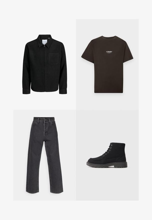 Black zip-up jacket with collar and single chest pocket, displayed on white background.; Black cotton T-shirt with short sleeves and a crew neck, featuring "JJ Studios" logo in white on the front center. Smooth texture.; High-waisted, straight-leg jeans in dark gray denim, featuring a classic five-pocket design and contrasting stitching on the seams.; Black ankle boots made of suede and synthetic material. Rounded toe, six eyelets with metallic laces, thick rubber sole, and minimal text detail.