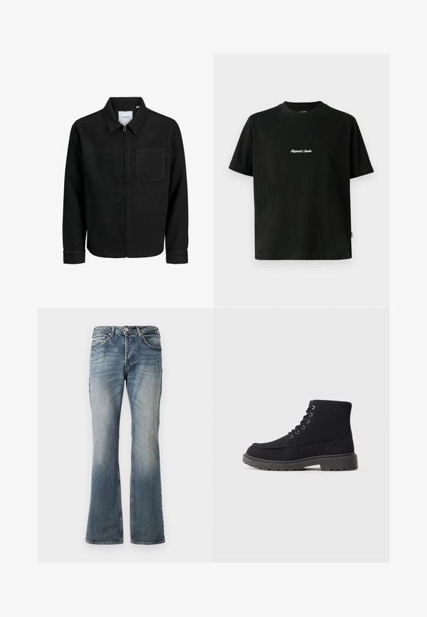 Jachetă neagră cu fermoar, cu guler și un singur buzunar pe piept, expusă pe fundal alb.; Tricou din bumbac negru cu mâneci scurte, având un text alb brodat "Original Studio" pe piept și un decolteu rotund.; Jeans din denim albastru, decolorat, cu o ușoară evazare a piciorului, design cu cinci buzunare și închidere cu nasture la talie.; Botine negre până la glezne, realizate dintr-un material texturat, cu talpă plată, vârf rotund și șase găuri pentru șireturi. Cusături întărite pe margine.