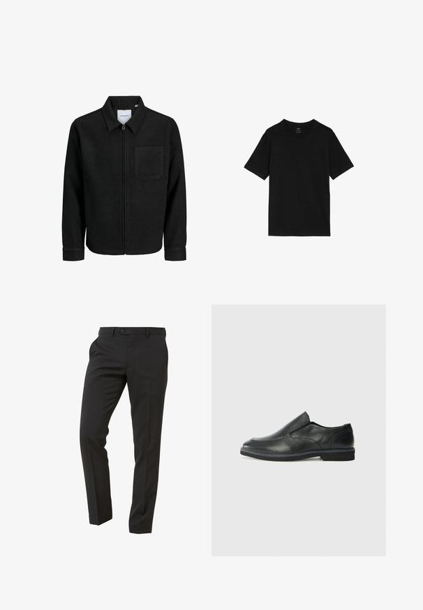 Zwarte zip-up jas met kraag en enkele borstzak, weergegeven op een witte achtergrond.; Zwarte t-shirt van katoen, voorzien van een klassieke ronde hals, korte mouwen en een rechte zoom. Geen patronen of afbeeldingen aanwezig.; Next Trousers - Suit Trousers Slim Fit - Pantalon - mottled black; Zwarte leren instapper met een soepele bovenkant, gestikte accenten, ronde neus en een lage rubberen hak. De zool heeft minimale profiel.