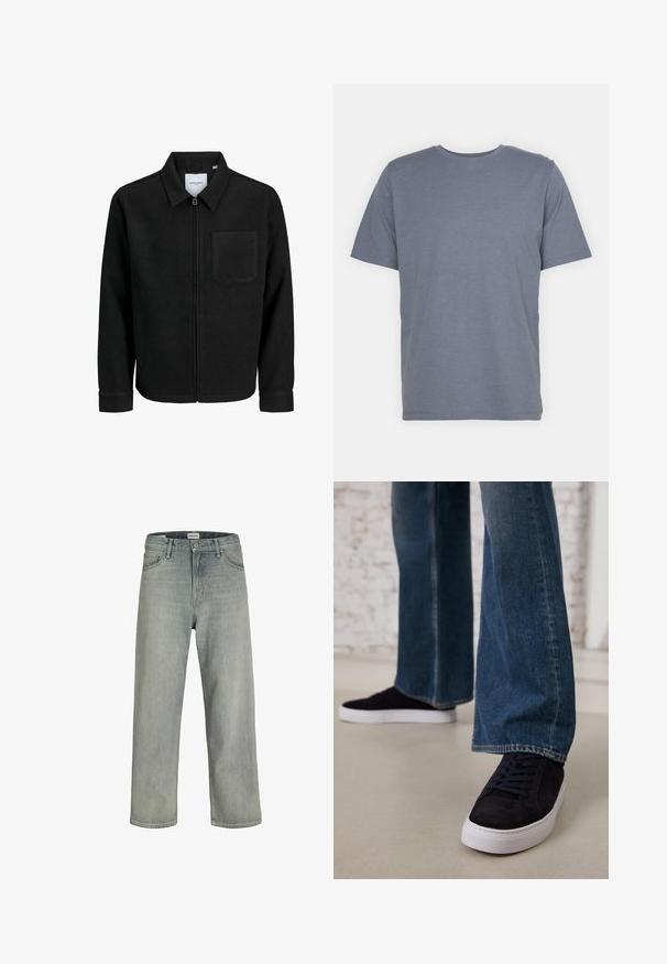 Čierna zipsová bunda s golierom a jednou náprsníkou, vystavená na bielom pozadí.; Šedé tričko s krátkymi rukávmi a okrúhlym výstrihom, vyrobené z jemnej bavlnenej zmesi. Jednoduchý dizajn, bez vzorov alebo akcentov.; Svetlošedé džíny vo voľnom strihu vyrobené z denimu. Obsahujú klasický dizajn s piatimi vreckami, pútka na opasok a strih rovného nohavice.; Tmavomodré semišové tenisky s bielou gumovou podrážkou a šnúrkami, skombinované so širokými džínsami v strednej modrej farbe.