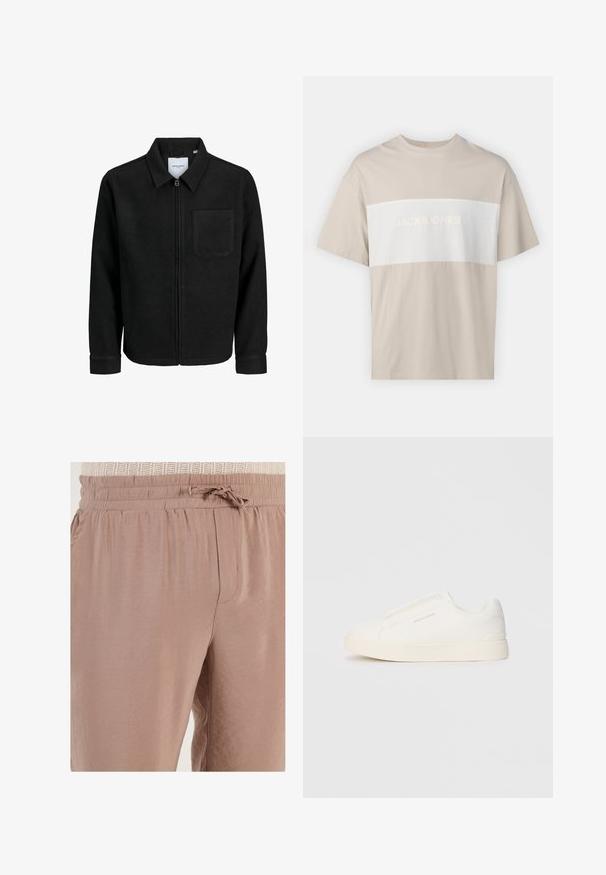 Schwarze Zip-Jacke mit Kragen und einer einzelnen Brusttasche, auf weißem Hintergrund präsentiert.; Beige Baumwoll-T-Shirt mit einem weißen horizontalen Streifen, auf dem der Text "JACK & JONES ESSENTIALS WORLDWIDE" in erhabenem Schriftzug zu sehen ist. Kurze Ärmel.; Hellbraune Jogginghosen aus weichem Stoff, mit einem elastischen Bund und Kordelzug sowie seitlichen Taschen.; Weiße Slip-On-Sneaker mit einer strukturierten Oberfläche, dicker Sohle und minimalistischem Design. Mit Logo der Marke an der Seite.
