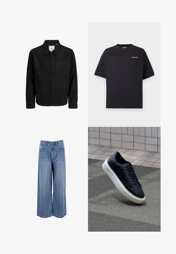 Černá zipová bunda s límečkem a jednou kapsou na hrudi, vystavená na bílém pozadí.; Černé tričko Timberland s krátkým rukávem a kulatým výstřihem, s malým hnědým logem na levé části hrudi, vystavené na bílém pozadí.; Modré džíny s širokými nohavicemi a vysokým pasem, přední kapsy a švy na nohavicích. Texturovaný, vyšisovaný vzhled s volným střihem.; Černé kožené tenisky s kulatou špičkou a bílou gumovou podrážkou. mají ploché tkaničky a minimální šití na svršku. Texturovaná podrážka pro lepší přilnavost.