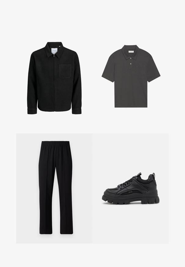 Svart zip-jacka med krage och en enda bröstficka, visad på vit bakgrund.; Mörkgrå pikétröja med en traditionell krage, treknappslå, korta ärmar och en ficka på vänster bröst. Slät tygtextur.; Svart, elastisk midja byxor med raka ben, med en mjuk yta och utan synliga mönster eller metalldetaljer.; Svarta chunky sneakers med en blandning av läder och mesh-material, tjock sula, snördesign och en dragflik baktill.