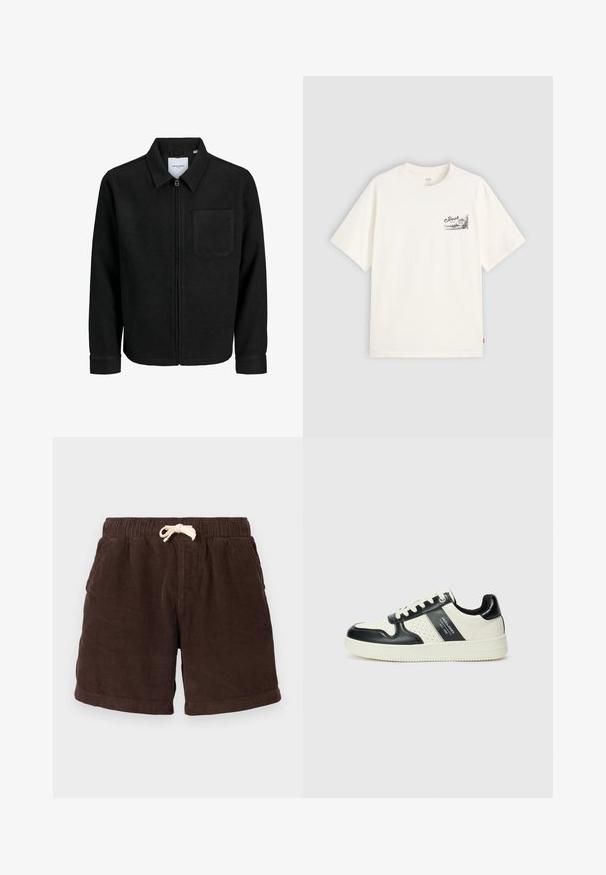 Jachetă neagră cu fermoar, cu guler și un singur buzunar pe piept, expusă pe fundal alb.; Tricou alb cu mânecă scurtă, fabricat din bumbac, având un design grafic negru în zona stângă a pieptului, cuvântul "Fresh".; Șorturi maro din catifea cord cu talie elastică, închidere cu șnur și buzunare laterale. Materialul are un model cu nervuri verticale și o finisare texturată.; Tenisi din piele cu un scheme de culori negru și crem, dotati cu accente perforate, guler căptușit și o talpă texturată.