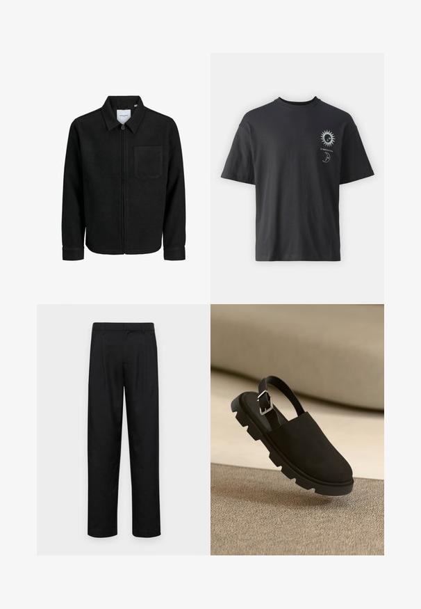 Mustaga lukuga jakker, millel on krae ja üks rinna-tasku, esitatud valgel taustal.; Must musta T-särk lühikeste varrukatega, ümar kaelus ning esiküljel päikese ja kuu graafika, millele on lisatud tekst "Le Soleil et La Lune."; Mustad mustadest riietest, millel on sirge jalgade disain, kaks eesmist voltimist ja tavaline vöökoht, millel on vöökohad.; Must must sildiga kingad mustast sametist, paksu ja tekstuuriga tallaga ning hõbedase pandlaga. Viimistletud disain, mis on minimalistliku stiiliga ja jääb rippuma tekstuuritud pinna kohale.