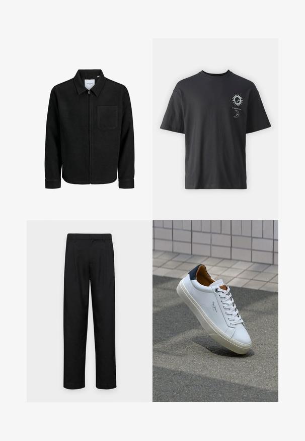 Čierna zipsová bunda s golierom a jednou náprsníkou, vystavená na bielom pozadí.; Čierne bavlnené tričko s krátkymi rukávmi, okrúhlym výstrihom a prednými grafikami slnka a mesiaca, doplnené textom "Le Soleil et La Lune."; Čierne nohavice vyrobené z hladkej tkaniny, s rovnými nohavicami, dvoma prednými skladmi a štandardným pásom s pútkami na opasok.; Biele kožené tenisky s námorníckym opätkom, okrúhlou špičkou a kontrastnými hnedými akcentami. Majú ploché šnúrky a textúrovanú gumovú podrážku.
