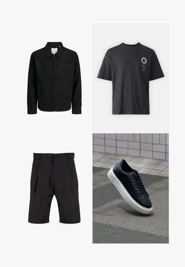 Mustaga lukuga jakker, millel on krae ja üks rinna-tasku, esitatud valgel taustal.; Must musta T-särk lühikeste varrukatega, ümar kaelus ning esiküljel päikese ja kuu graafika, millele on lisatud tekst "Le Soleil et La Lune."; Mustad mustriga lühikesed püksid, mis on valmistatud siledast kangast ja millel on kohandatud disain, ees nupuga sulgemine, voltide ja küljetaskudega.; Mustast nahast tennisetoss, millel on ümar nina ja valge kummist tall. Omab siredaid paelu ja minimaalset õmblemist ülemises osas. Tekstuuriga tald, mis tagab haakuvuse.