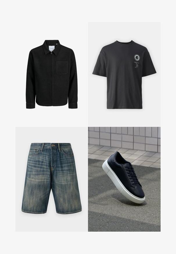 Svart zip-jacka med krage och en enda bröstficka, visad på vit bakgrund.; Svart bomullströja med korta ärmar, rund hals och framsidan prydd med grafik av en sol och en måne, tillsammans med texten "Le Soleil et La Lune."; Ljusblå denimshorts med en urtvättad look, som har fem fickor, bälteshällor och knappstängning i midjan.; Svart lädersneaker med rundad tå och vit gummisula. Har platta snören och minimal sömnad på ovansidan. Texturerad sula för grepp.