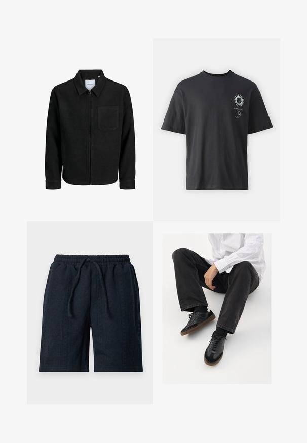 Čierna zipsová bunda s golierom a jednou náprsníkou, vystavená na bielom pozadí.; Čierne bavlnené tričko s krátkymi rukávmi, okrúhlym výstrihom a prednými grafikami slnka a mesiaca, doplnené textom "Le Soleil et La Lune."; Tmavomodré šortky vyrobené z textúrovanej látky s elastickým pásom a šiťou na stiahnutie. Obsahujú jemný vzor po celom povrchu.; Čierne tenisky s hladkým a textúrovaným zvrškom, s gumovou podrážkou a tmavými šnúrkami. Kombinované s čiernymi džínsami a bielo-prúžkovanou košeľou.