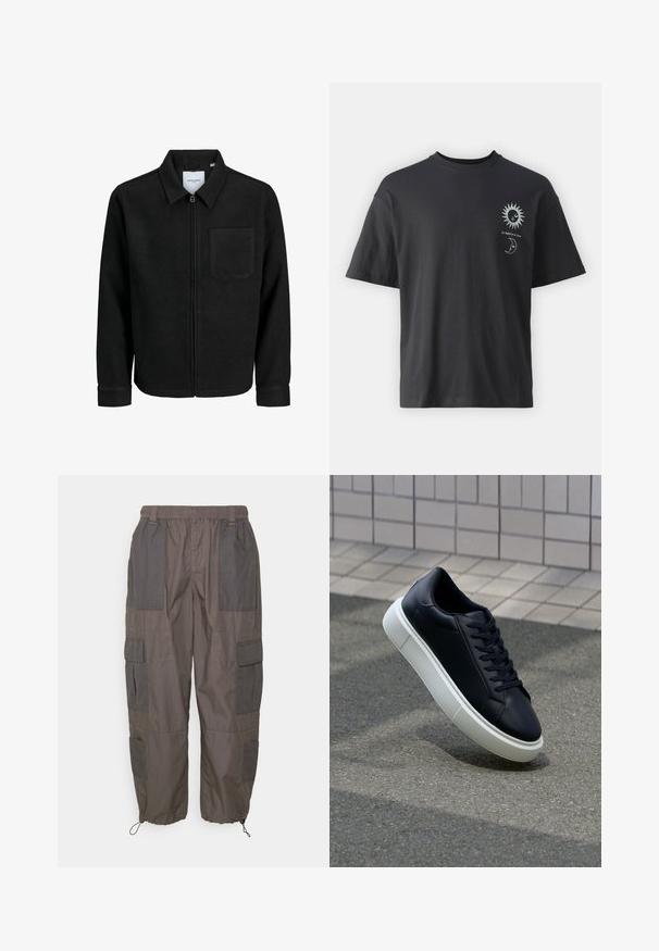 Sort lynlåsjakke med krave og en enkelt brystlomme, vist på hvid baggrund.; Sort bomulds T-shirt med korte ærmer, rund hals og frontgrafik af en sol og måne, ledsaget af teksten "Le Soleil et La Lune."; Pier One Cargobukser - dark grey; Sort lædersneaker med rund tå og hvid gummisål. Har flade snørebånd og minimal syning på overdelen. Tekstureret sål for bedre greb.