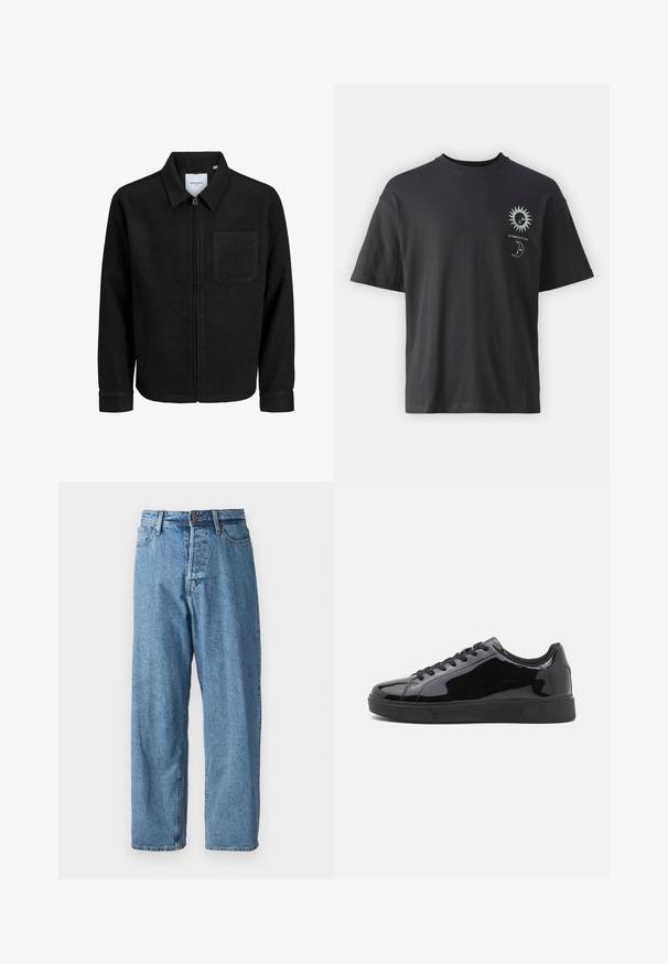 Czarna kurtka z zamkiem na całej długości, z kołnierzem i jedną kieszenią na piersi, umieszczona na białym tle.; Czarny bawełniany t-shirt z krótkim rękawem, okrągłym dekoltem i grafiką słońca i księżyca z napisem "Le Soleil et La Lune."; Jasnoniebieskie dżinsy o luźnym kroju, z zapięciem na guziki, pięcioma kieszeniami i minimalnym wyblaknięciem dla czystego wyglądu. Klasyczny projekt zwężającego się nogawki.; Czarne lakierowane sneakersy z okrągłym noskiem, płaską gumową podeszwą i czarnymi sznurowadłami. Gładka, błyszcząca tekstura na górnej powierzchni.